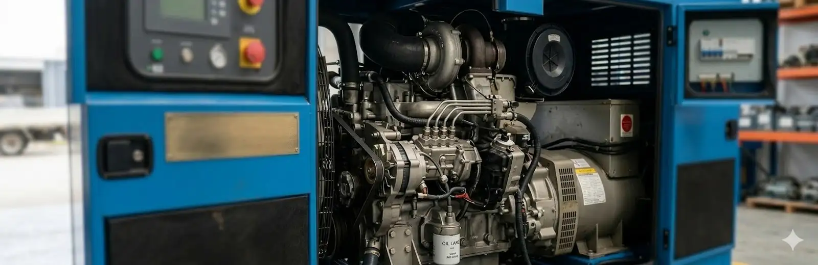 Gerador de médio porte 180 kVA aberto mostrando motor diesel - Projemac