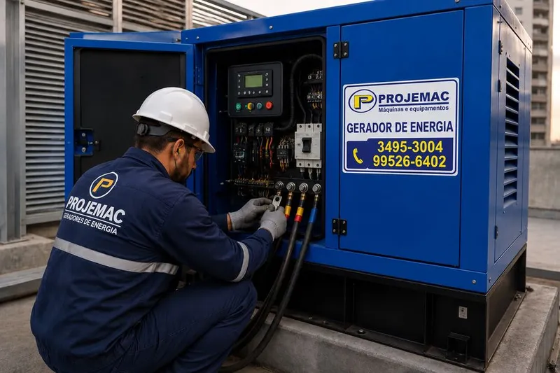 Painel de controle e motor de um grupo gerador da PROJEMAC