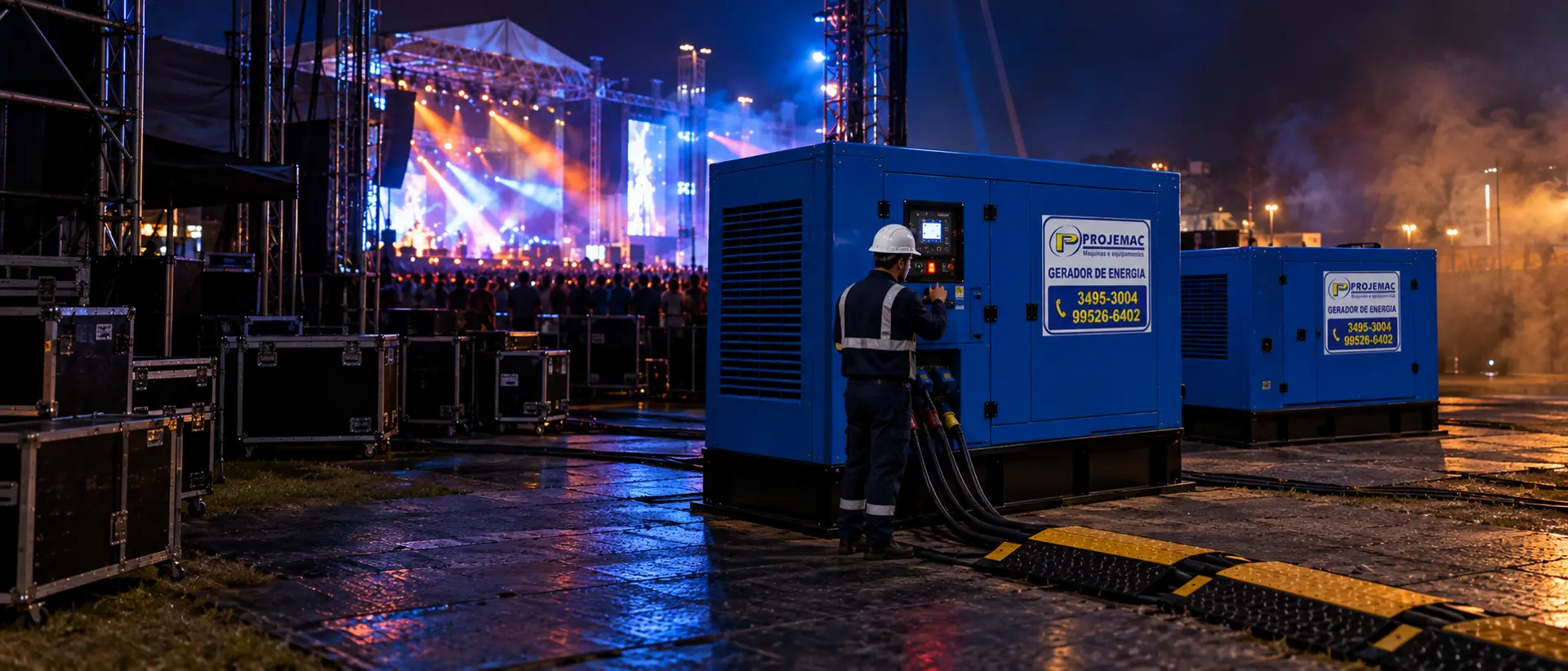 Geradores silenciados da PROJEMAC instalados nos bastidores de um show à noite, com técnico conferindo o painel