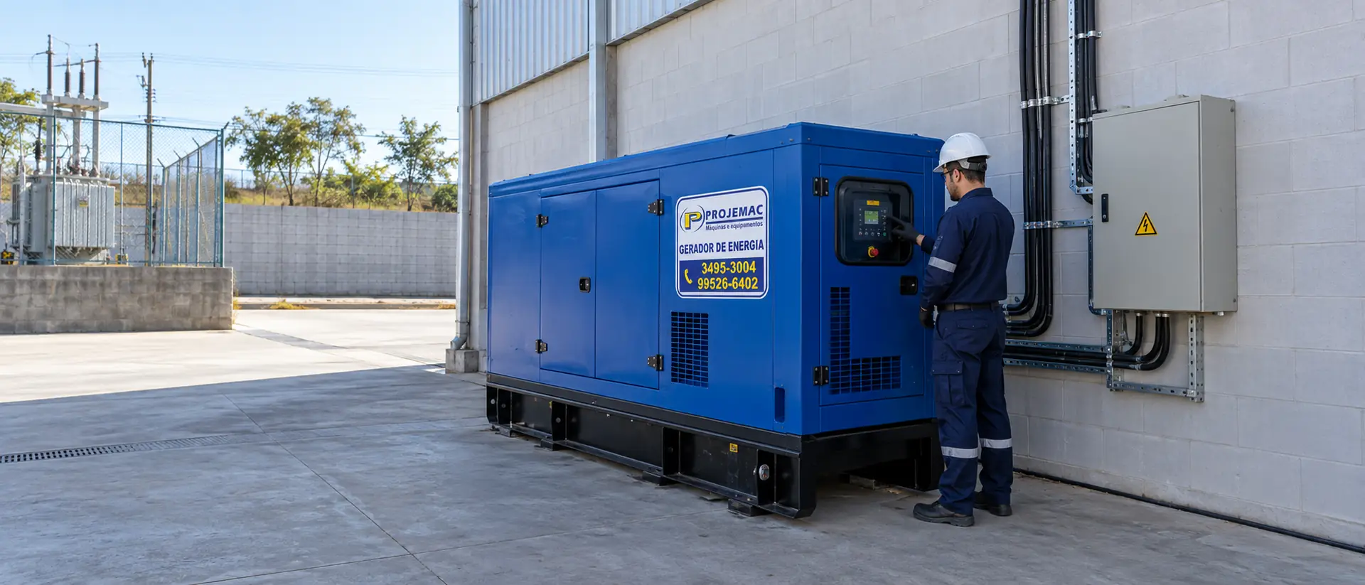 Grupo gerador da PROJEMAC instalado no pátio de uma indústria, com técnico operando o painel