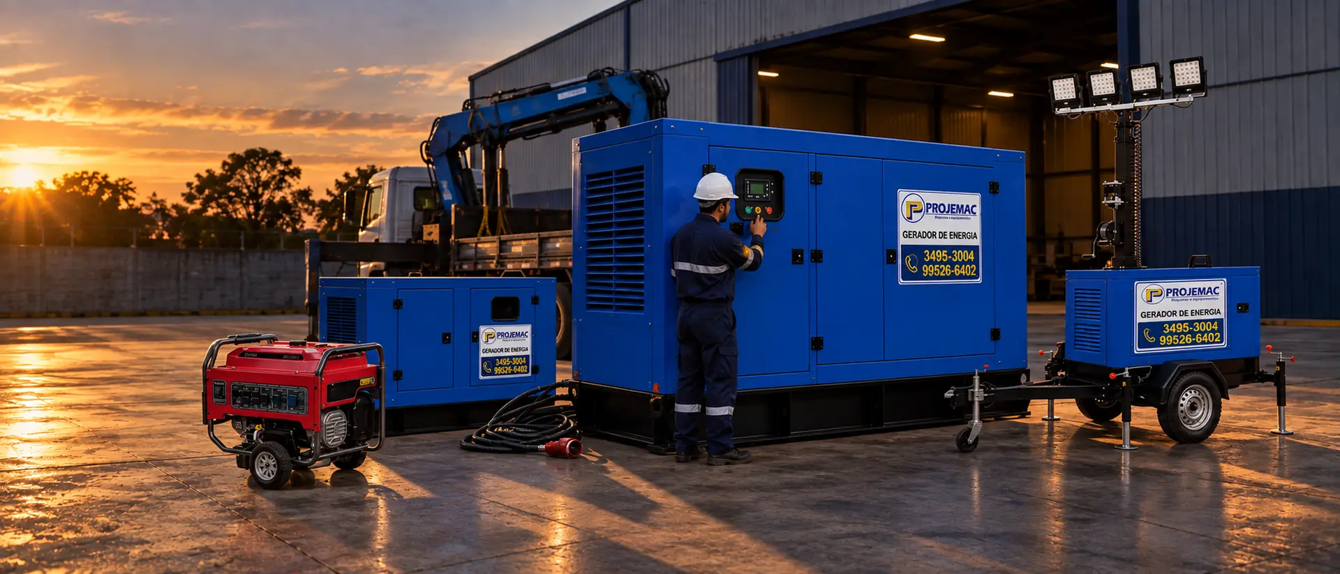 Técnico da PROJEMAC operando o painel de um grupo gerador, com gerador portátil, torre de iluminação e caminhão munck no pátio ao entardecer