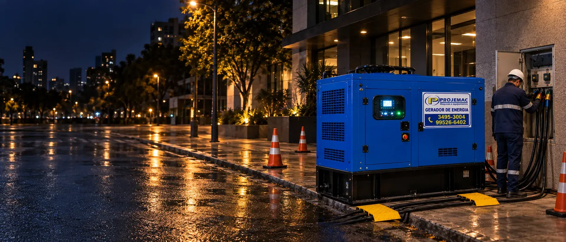Gerador da PROJEMAC instalado à noite na calçada de um prédio comercial, com técnico conectando os cabos no quadro elétrico